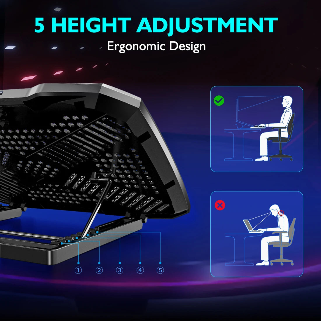 Laptop Cooling Pad for 12-17 Inch Laptop Cooler Stand w/ Phone Holder