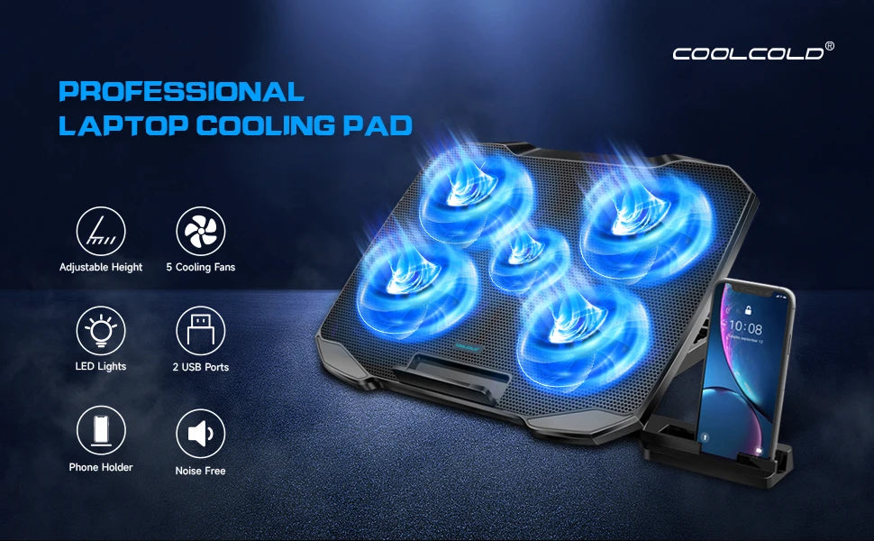 Laptop Cooling Pad for 12-17 Inch Laptop Cooler Stand w/ Phone Holder